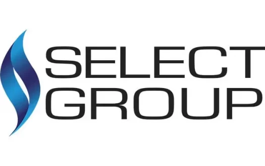 Logo du groupe sélectionné comportant une flamme bleue stylisée à côté des mots « groupe sélectionné » en caractères gras et sombres, soulignant son orientation vers l&#039;investissement à Dubaï.