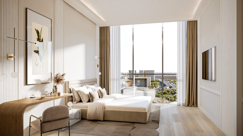 Une chambre moderne et lumineuse dans une villa de Dubaï avec un grand lit, un mobilier élégant et des baies vitrées offrant une vue sur la mer. Les tons neutres et la lumière naturelle créent une atmosphère sereine.