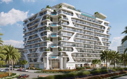 Rendu architectural d&#039;un bâtiment moderne de plusieurs étages présentant une façade blanche avec des balcons ondulants et une verdure luxuriante, conçu comme un investissement à Dubaï. Des palmiers bordent la façade, et là