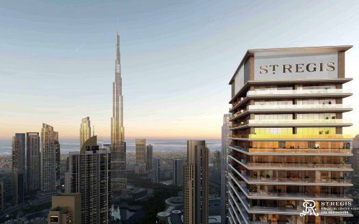Vue aérienne d'un paysage urbain au crépuscule, avec l'hôtel St. Regis au premier plan et l'imposant Burj Khalifa en arrière-plan, sous un ciel clair avec des immeubles d'appartements proéminents de Dubaï