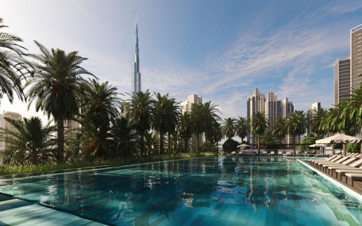 Une luxueuse piscine extérieure entourée de palmiers, avec des chaises longues sur le côté, surplombant les toits de la ville moderne avec de grands gratte-ciel sous un ciel bleu clair à Dubaï.