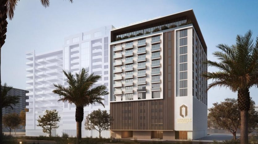 Rendu architectural d&#039;un immeuble d&#039;appartements moderne de plusieurs étages à Dubaï avec un mélange de façades en verre et en béton, entouré de palmiers dans un cadre serein au crépuscule.