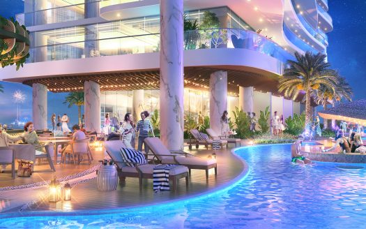 Une image animée de personnes profitant d'une soirée luxueuse au bord de la piscine dans une villa moderne à Dubaï avec des lumières rougeoyantes, une verdure luxuriante et un ciel étoilé.