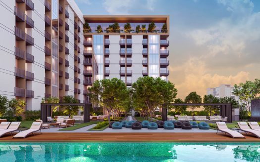 Immeuble d&#039;appartements moderne à Dubaï avec balcons donnant sur la piscine et doté de chaises longues, de kiosques et de sièges luxueux au milieu d&#039;un aménagement paysager luxuriant au crépuscule.