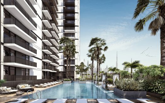 Un appartement moderne de grande hauteur à Dubaï avec des balcons donnant sur une luxueuse piscine extérieure entourée de palmiers et de chaises longues, avec un ciel bleu clair et des oiseaux volant en formation.