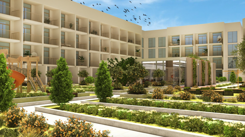 Un complexe hôtelier moderne doté de jardins paysagers avec des allées, des topiaires et des rangées de plantes à fleurs, flanqué de bâtiments symétriques de villas blanches de Dubaï sous un ciel bleu clair avec des oiseaux volant au-dessus.