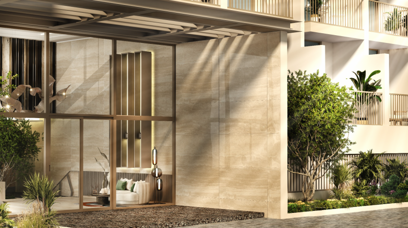 Une entrée de villa moderne à Dubaï avec de grandes portes vitrées, des murs en béton et des plantes vertes luxuriantes en pots. Des balustrades de balcon sont visibles en arrière-plan.