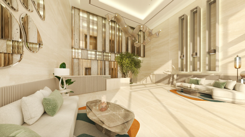 Un hall luxueux et spacieux dans une villa haut de gamme à Dubaï avec une décoration moderne, avec de grands miroirs, des plantes, des coins salons élégants et de la lumière naturelle pénétrant à travers de hautes fenêtres.