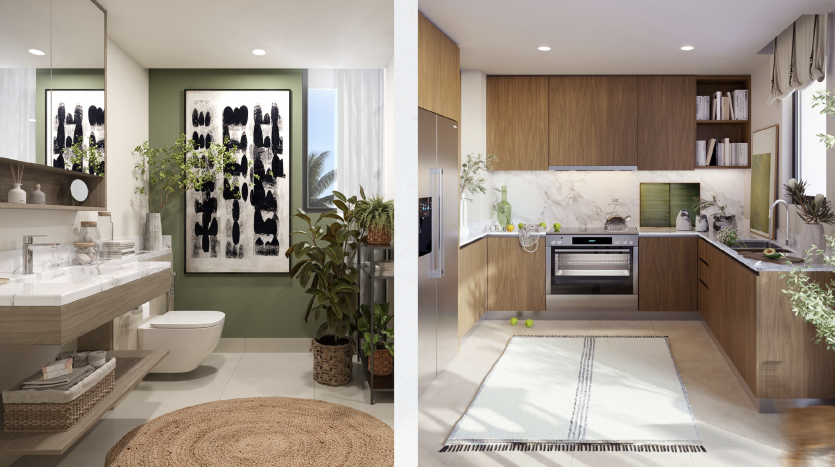 Deux images côte à côte de salles de bains modernes dans un luxueux appartement de Dubaï. À gauche : un design élégant avec des luminaires blancs, des murs verts et une grande œuvre d&#039;art noire. À droite : des accents de bois chaleureux, construits