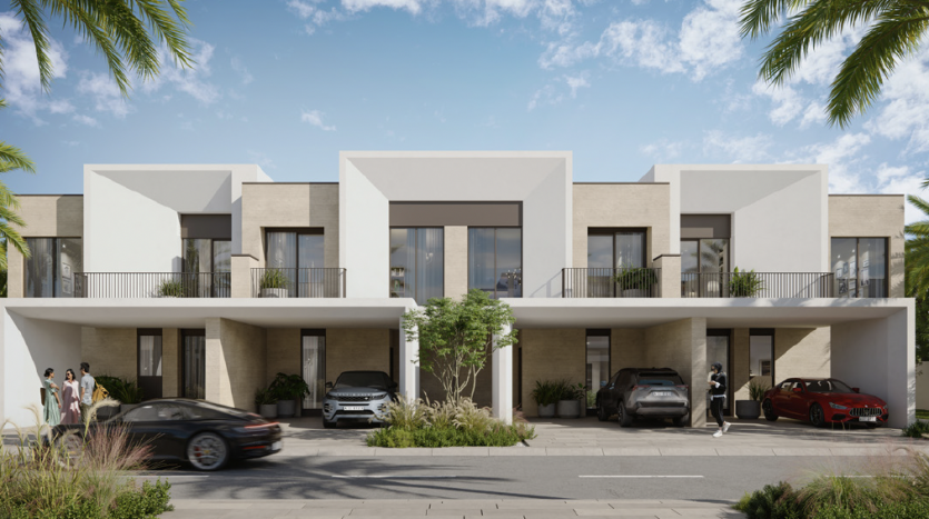 Immeuble d&#039;appartements moderne à Dubaï avec des lignes épurées et géométriques, avec des façades beige clair et de grandes fenêtres. Les voitures sont garées devant et les gens marchent dans la rue bordée d’arbres.
