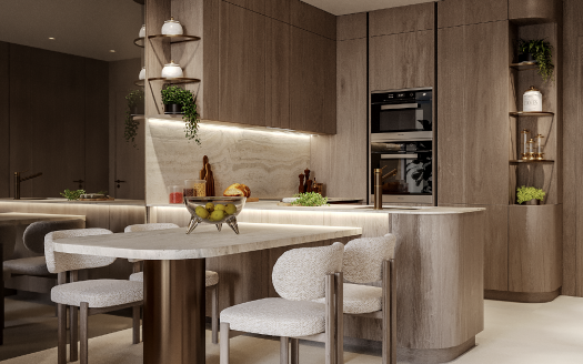 Une cuisine moderne avec des armoires en bois, un îlot incurvé avec des chaises blanches, des appareils électroménagers intégrés et des suspensions suspendues. Les plantes vertes ajoutent une touche de nature à cet appartement Dubaï.