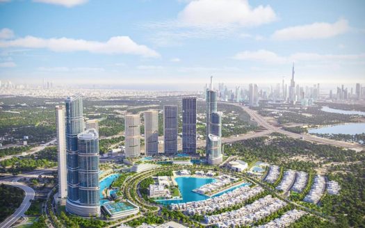 Vue aérienne d'un paysage urbain moderne avec de grands gratte-ciel, un grand lac artificiel, des espaces verts luxuriants et des routes courbes, avec des gratte-ciel lointains sous un ciel clair à Dubaï.