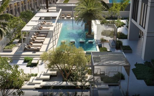 Vue aérienne d'une piscine extérieure moderne entourée de chaises longues luxueuses, d'espaces de jardin géométriques et d'éléments architecturaux élégants dans un cadre immobilier urbain de Dubaï.