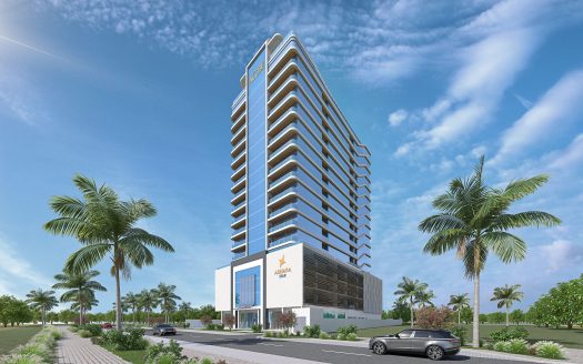 Rendu numérique d'un immeuble moderne de grande hauteur avec des espaces commerciaux au rez-de-chaussée, entouré d'une verdure luxuriante et de palmiers sous un ciel bleu à Dubaï.