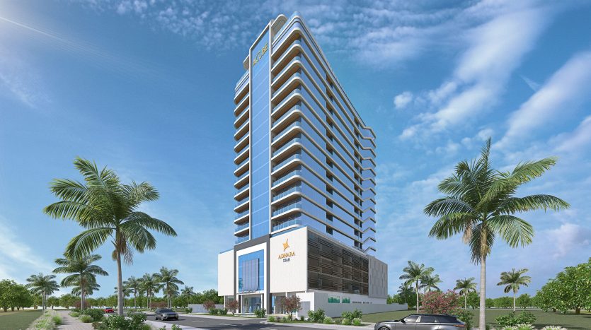 Rendu numérique d&#039;un immeuble moderne de grande hauteur avec des espaces commerciaux au rez-de-chaussée, entouré d&#039;une verdure luxuriante et de palmiers sous un ciel bleu à Dubaï.