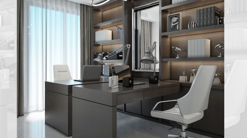 Un bureau à domicile moderne dans un appartement de Dubaï avec un élégant bureau noir, des murs blancs bordés d&#039;étagères, deux chaises ergonomiques et une grande fenêtre avec des rideaux transparents, éclairée par un plafonnier élégant.