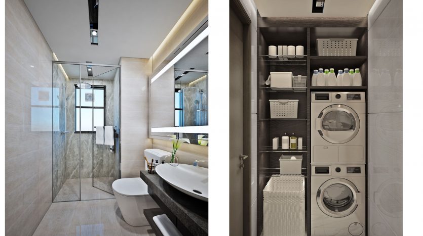 Deux images présentant des salles de bains modernes à Dubaï ; la gauche présente un design élégant avec un grand miroir et une baignoire, tandis que la droite affiche un espace compact avec une machine à laver, des étagères de rangement et des équipements organisés.