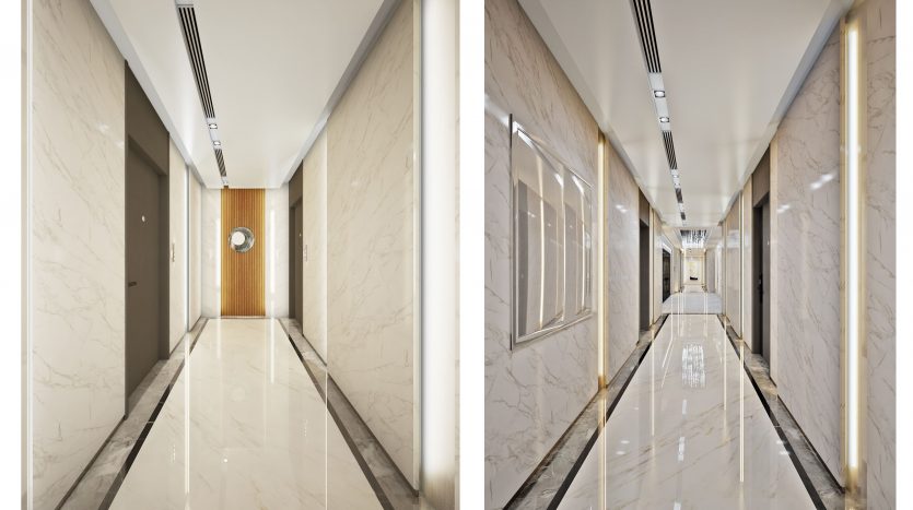 Comparaison côte à côte de deux vues d&#039;un couloir étroit et moderne bordé de murs et de sols en marbre dans une villa de Dubaï, doté de plafonniers encastrés et de portes sur toute sa longueur.