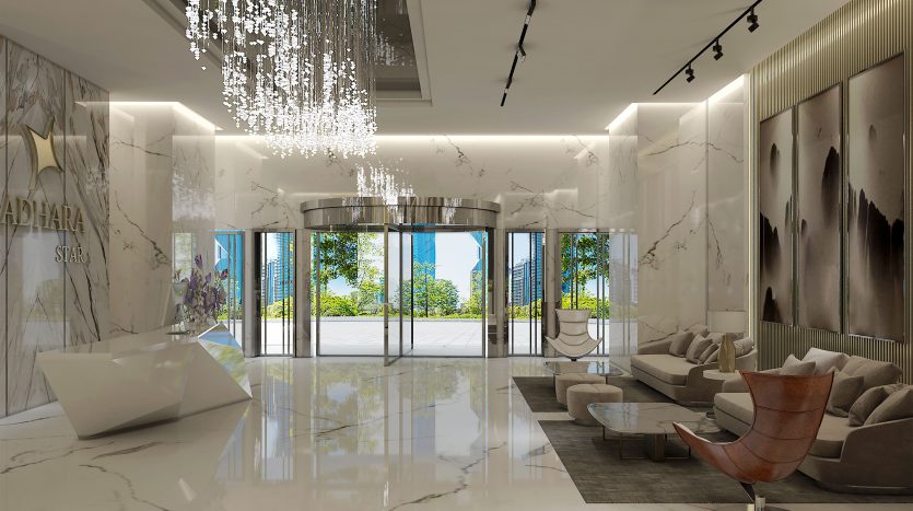 Hall d&#039;entrée luxueux avec sols et murs en marbre, meubles élégants, lustres en cascade et grandes fenêtres offrant une vue tropicale sur Dubaï.