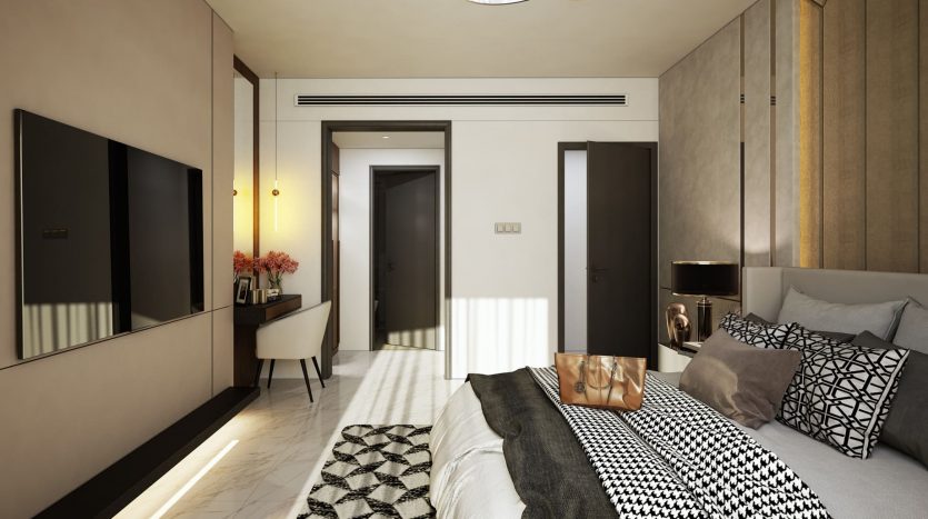 Intérieur de chambre moderne dans un appartement de Dubaï avec un grand lit doté d&#039;une literie à motifs, d&#039;une télévision murale, d&#039;un plafonnier circulaire et d&#039;un mélange de bois chaleureux et de tons beiges.