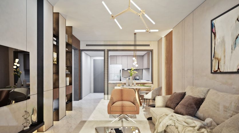Salon moderne avec un canapé beige, un fauteuil, une table basse en verre, des œuvres d&#039;art contemporaines au mur et un coin repas connecté avec un éclairage élégant au plafond dans une villa de Dubaï.