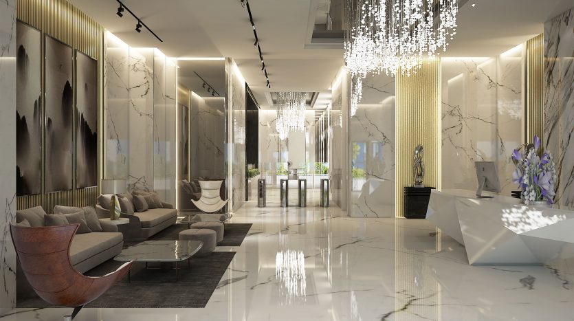 Un hall d&#039;hôtel luxueux à Dubaï avec des sols en marbre, des lustres modernes, des meubles élégants et un plafond réfléchissant. Les panneaux décoratifs et les surfaces en miroir renforcent l&#039;atmosphère spacieuse et opulente.