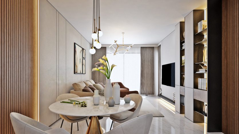 Un salon moderne et élégant comprenant une table à manger ronde blanche avec des chaises, un canapé moelleux, des étagères, des suspensions et de grandes fenêtres laissant entrer la lumière naturelle - parfait pour une villa à Dubaï