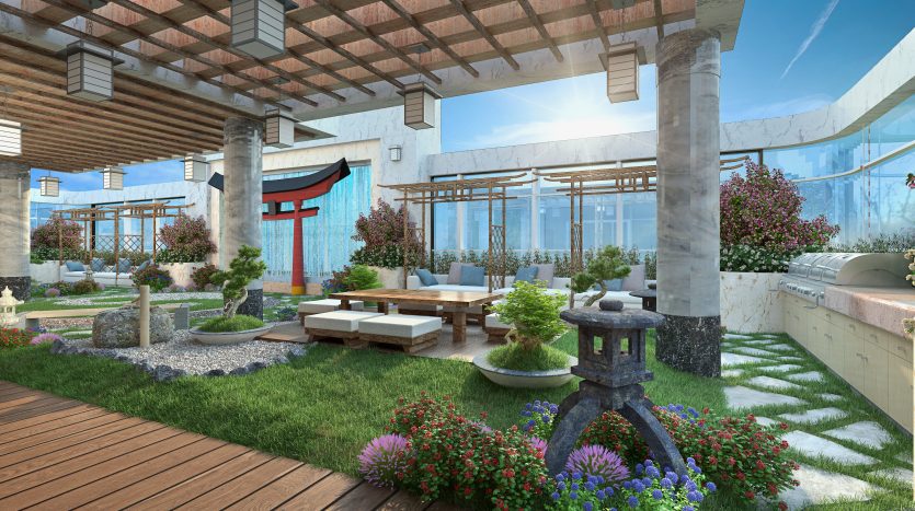 Une terrasse extérieure avec terrasse en bois et pergolas, dotée de plantes à fleurs, de coins salons confortables et de lanternes traditionnelles sous un ciel bleu clair dans une propriété d&#039;Investissement Dubaï.