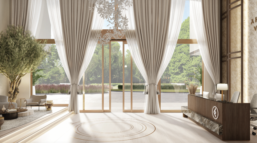 Un intérieur de salon luxueux dans une villa de Dubaï avec des baies vitrées drapées de rideaux translucides, un motif circulaire sur le parquet et un mobilier minimaliste élégant donnant sur un jardin verdoyant.