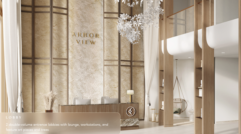 Lobby d&#039;hôtel élégant au design moderne avec des accents de bois chaleureux, des arbres décoratifs, des meubles élégants et des luminaires suspendus artistiques proposés par une agence immobilière renommée de Dubaï.