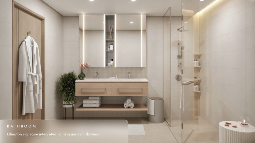 Une salle de bains moderne dans une villa de Dubaï dotée d'un éclairage intégré et de douches à effet de pluie signés Ellington, d'une double vasque, d'un grand miroir et d'un espace douche vitré. Le décor comprend une robe blanche,