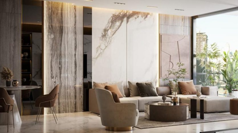 Un salon moderne et luxueux avec de grands panneaux de marbre, des meubles élégants et des baies vitrées donnant sur un paysage urbain, idéal pour investir à Dubaï.