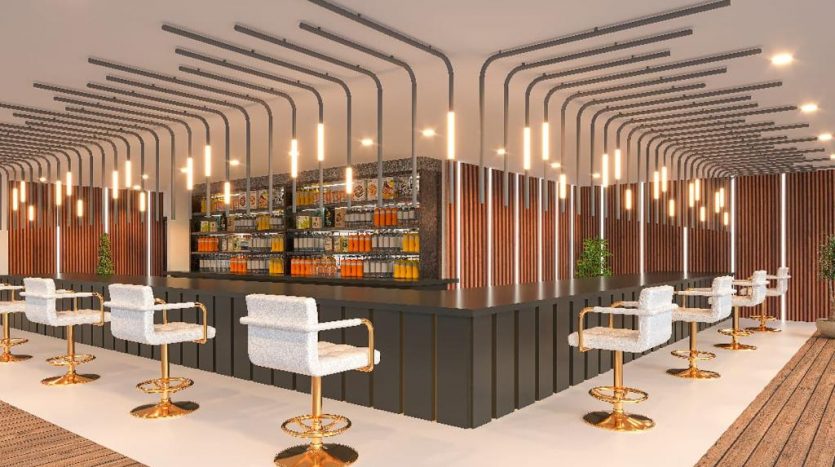 Conception de bar moderne comprenant un comptoir élégant avec d&#039;élégants tabourets de bar, des luminaires géométriques au plafond et des murs en panneaux de bois agrémentés de plantes et d&#039;étagères de bouteilles dans une luxueuse villa de Dubaï.