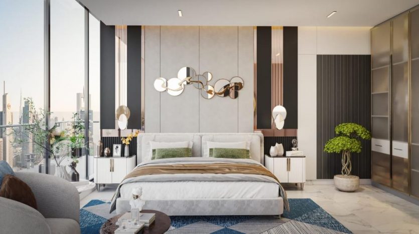 Chambre moderne dans une villa de Dubaï comprenant un grand lit avec une literie verte et beige, des panneaux muraux élégants et un luminaire unique. Comprend un coin salon et des baies vitrées donnant sur le paysage urbain
