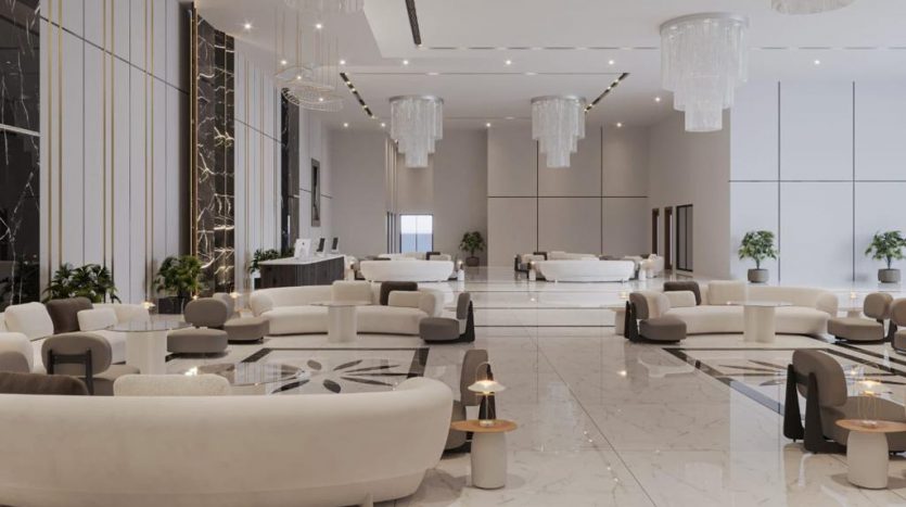 Lobby d'hôtel moderne avec d'élégants sols en marbre, des canapés blancs et des lustres élégants, créant une atmosphère luxueuse et accueillante, parfaite pour ceux qui recherchent un investissement à Dubaï.