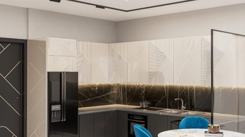 Cuisine moderne dans une villa de Dubaï avec des murs géométriques, des appareils électroménagers noirs et une table à manger bleue. Les caractéristiques comprennent un dosseret réfléchissant et un éclairage élégant.