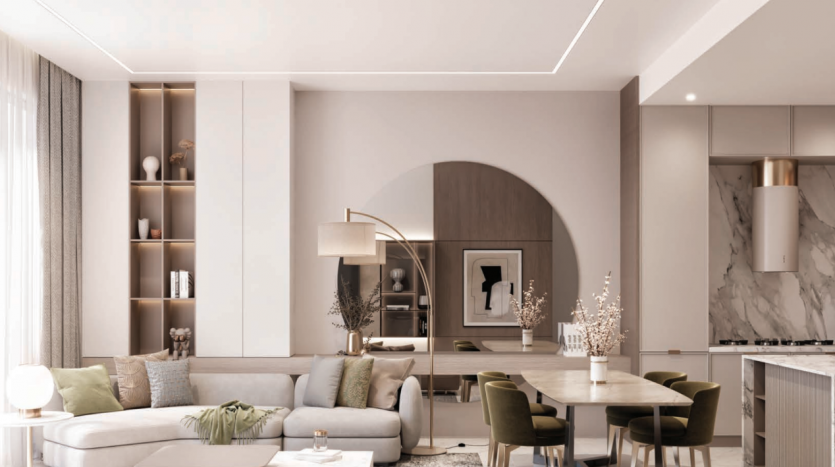 Un salon moderne et spacieux dans une villa de Dubaï avec une palette de couleurs neutres, comprenant un coin salon confortable, une table à manger et d&#039;élégantes étagères intégrées. La pièce dispose de grandes fenêtres et d&#039;élégantes décorations