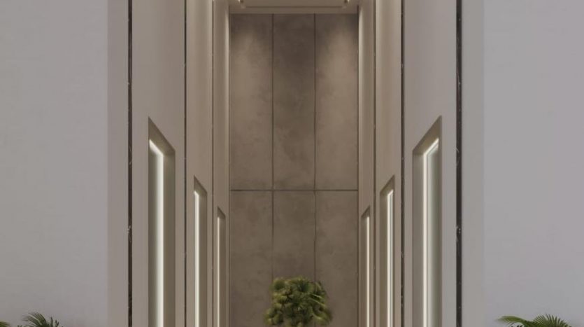 Couloir moderne et minimaliste dans une villa à Dubaï avec des lumières LED sur le dessus et les côtés, un sol décoratif en noir et blanc et des plantes en pot améliorant l'ambiance.