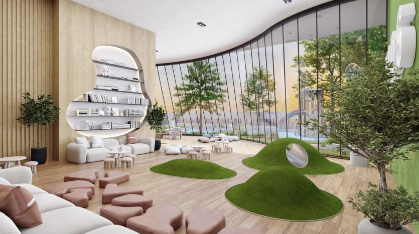 Salon moderne dans une villa de Dubaï présentant une architecture innovante et sinueuse avec des fenêtres panoramiques donnant sur une vue panoramique extérieure. La décoration comprend un mobilier élégant et minimaliste avec du bois naturel et des accents verts.
