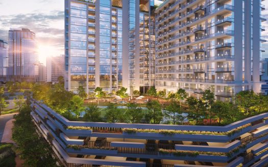 Appartements résidentiels modernes de grande hauteur à Dubaï avec balcons et verdure luxuriante au coucher du soleil, avec une structure de parking complexe à plusieurs niveaux en dessous. La chaude lumière du soleil met en valeur les détails architecturaux.