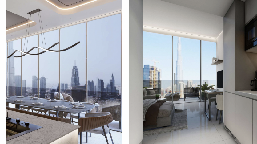 Intérieur d&#039;appartement moderne avec un coin repas donnant sur les toits de la ville à travers de grandes fenêtres à gauche et une cuisine élégante menant à un salon avec vue urbaine sur la droite à Dubaï.