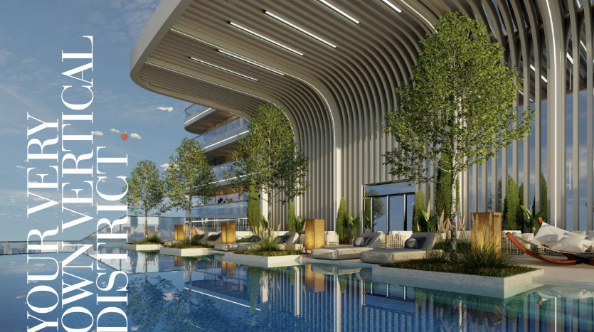 Conception architecturale moderne d&#039;une oasis urbaine verticale avec une piscine, des arbres et des coins salons élégants sous un vaste toit incurvé avec de grands panneaux de verre, surplombant le paysage urbain de Dubaï.
