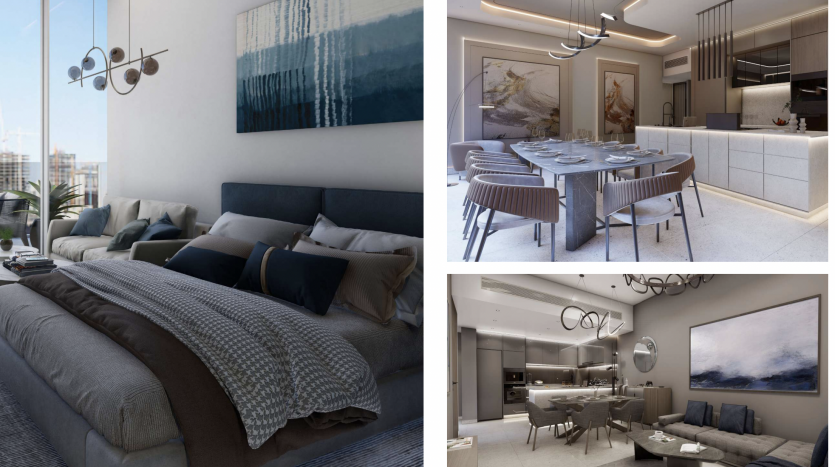 Collage de trois intérieurs modernes dans un appartement de Dubaï : une chambre avec un grand lit et des œuvres d&#039;art abstraites, un coin repas avec une table élégante et une cuisine avec des luminaires contemporains et un coin repas