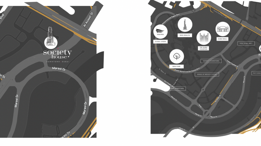 Illustration d&#039;une carte stylisée d&#039;une maison de société à Dubaï, montrant les sentiers, les routes et les icônes de lieux clés comme un restaurant, un point de rencontre et des aires de stationnement dans des tons gris et noirs.