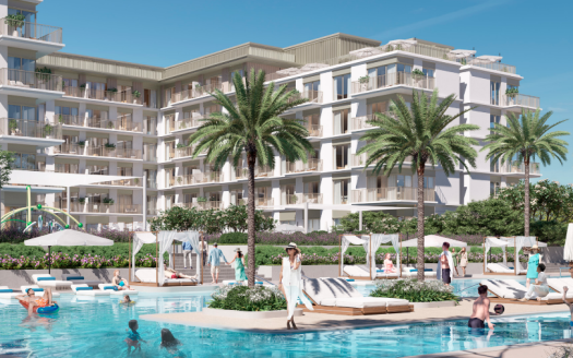 Un complexe luxueux avec des bâtiments blancs modernes entourés de palmiers, doté d&#039;une piscine animée où les gens nagent, bronzent et se promènent. Une journée lumineuse et ensoleillée rehausse le décor tropical. Idéal pour