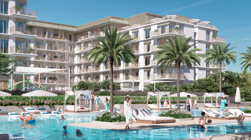 Un complexe luxueux avec des bâtiments blancs modernes entourés de palmiers, doté d&#039;une piscine animée où les gens nagent, bronzent et se promènent. Une journée lumineuse et ensoleillée rehausse le décor tropical. Idéal pour