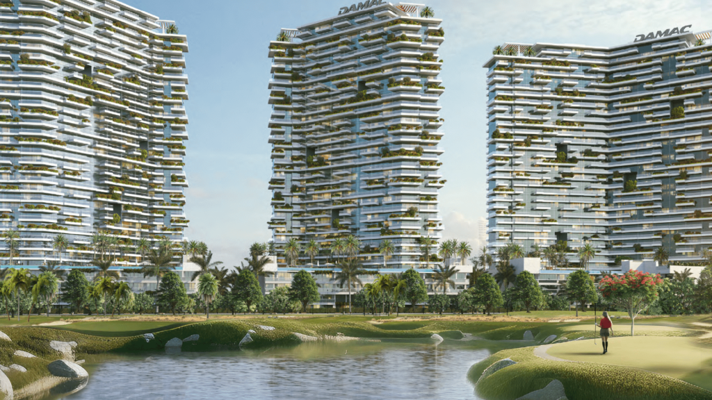 Futuristic high-rise apartment buildings in Dubai, with lush green balconies, overlook a pristine golf course with a golfer in the foreground, set against a clear-sky tropical landscape.