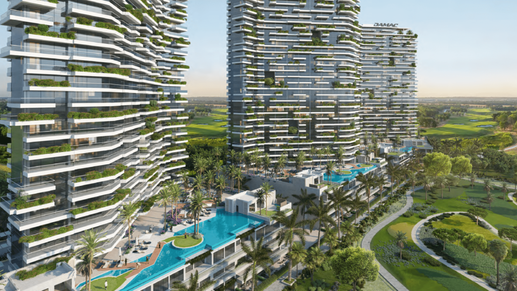 Architectural rendering of modern multi-storey residential towers with verdant terraces in Dubai, overlooking a landscaped area with swimming pools and golf course.