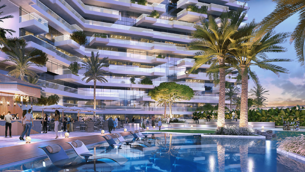 A luxury resort with a large pool surrounded by lush palms, sun loungers and people socializing at dusk; modern multi-level architectural villa in Dubai.