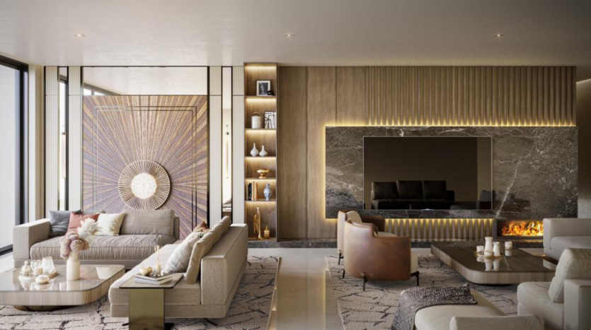 Intérieur de salon luxueux dans une villa de Dubaï comprenant une cheminée moderne, des canapés et des chaises élégamment rembourrés et une cloison décorative. La pièce bénéficie d&#039;un éclairage doux et d&#039;une ambiance sereine et sophistiquée.